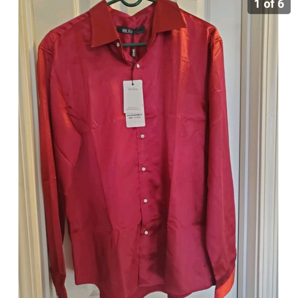 Mens Trihs, sz L slim fit, satin, cranberry red, long sleeved dress shirt.